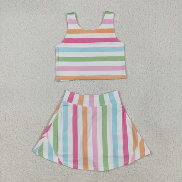 Colorful Stripe Athletic Shorts Girls Skirt Sets