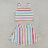 Colorful Stripe Athletic Shorts Girls Skirt Sets
