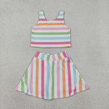 Colorful Stripe White Athletic Shorts Girls Skirt Sets