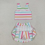 Colorful Stripe Athletic Shorts Girls Skirt Sets