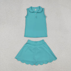 Solid Bluish Vest Athletic Shorts Girls Skirts Sets