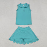 Solid Bluish Vest Athletic Shorts Girls Skirts Sets