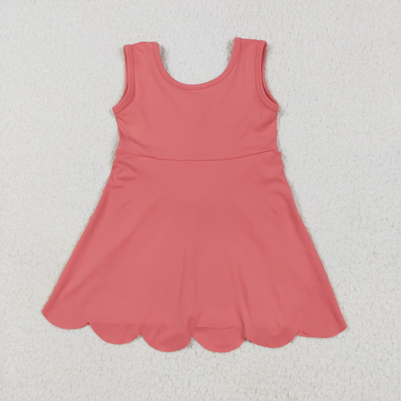 Solid Coral Red Scalloped Athletic Shorts Girls Sleeveless Dress
