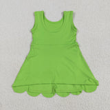 Solid Green Scalloped Athletic Shorts Girls Sleeveless Dress
