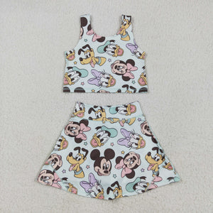 Cartoon Stars Bluish Athletic Shorts Girls Skirt Sets