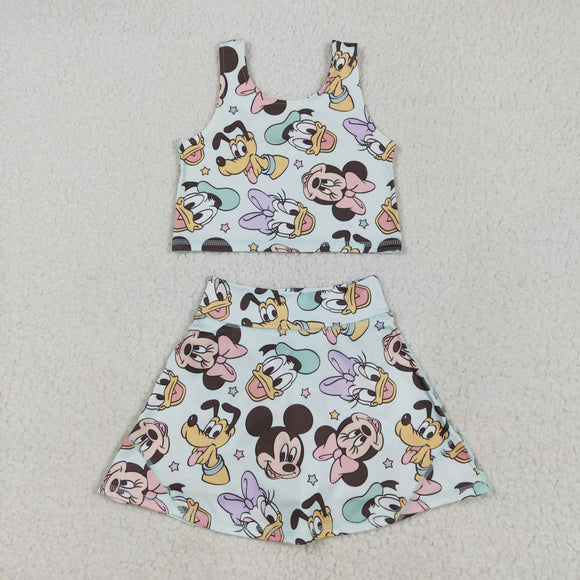 Cartoon Stars Bluish Athletic Shorts Girls Skirt Sets