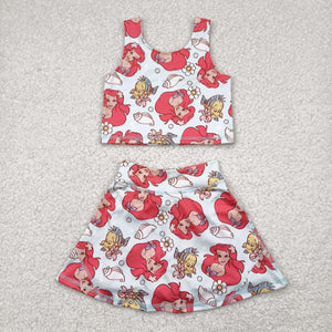Cartoon Mermaid Fish Vest Athletic Shorts Girls Skirt Sets