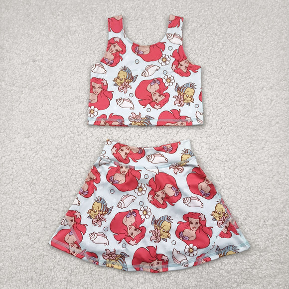 Cartoon Mermaid Fish Vest Athletic Shorts Girls Skirt Sets