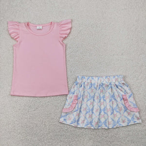 Floral Bow Pattern Solid Pink Girls Skirt Sets