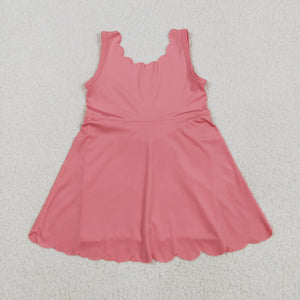 Solid Pink Scalloped Athletic Shorts Girls Sleeveless Dress