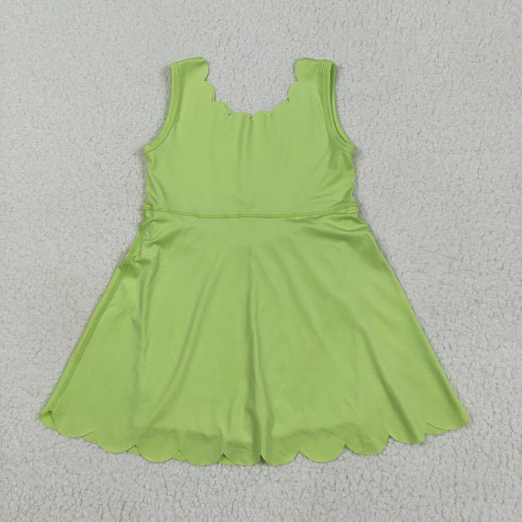 Solid Light Green Scalloped Athletic Shorts Girls Sleeveless Dress