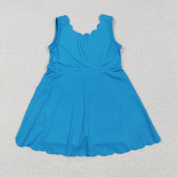 Solid Blue Scalloped Athletic Shorts Girls Sleeveless Dress