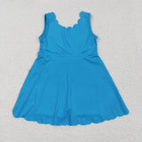 Solid Blue Scalloped Athletic Shorts Girls Sleeveless Dress