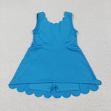Solid Blue Scalloped Athletic Shorts Girls Sleeveless Dress