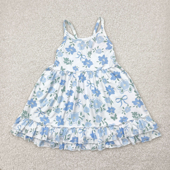 Floral Blue Bow Pattern White Girls Sleeveless Dress