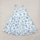 Floral Blue Bow Pattern White Girls Sleeveless Dress