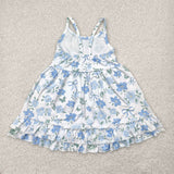 Floral Blue Bow Pattern White Girls Sleeveless Dress