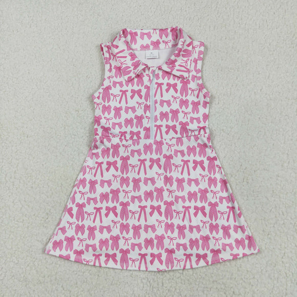 Pink Bow Pattern Athletic Shorts Zipper White Girls Sleeveless Dress