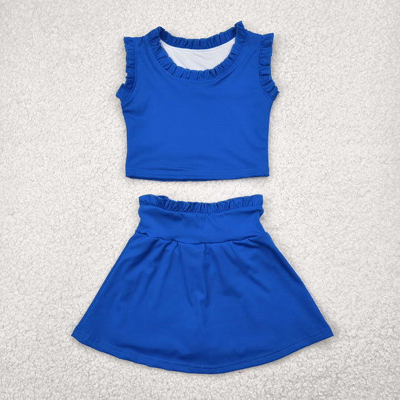 Solid Blue Ruffles Athletic Shorts Girls Skirt Sets