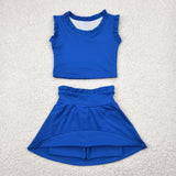 Solid Blue Ruffles Athletic Shorts Girls Skirt Sets