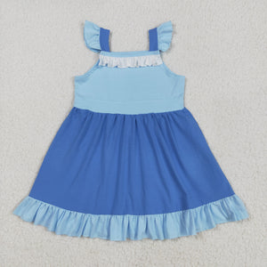 Cartoon Character Solid Blue Girls Sleeveless Dress