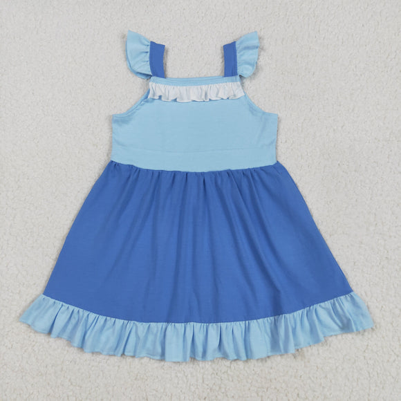 Cartoon Character Solid Blue Girls Sleeveless Dress