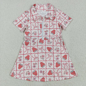 Strawberry Bow Pattern Plaid Athletic Shorts Girls Short Sleeve Dress