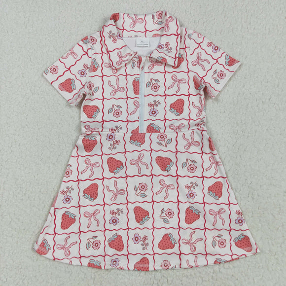 Strawberry Bow Pattern Plaid Athletic Shorts Girls Short Sleeve Dress