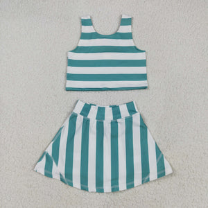 Bluish White Stripe Athletic Shorts Girls Skirt Sets