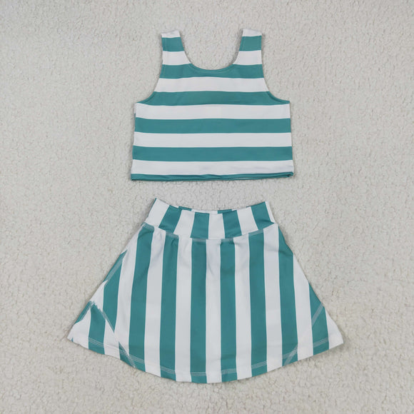 Bluish White Stripe Athletic Shorts Girls Skirt Sets