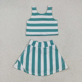 Bluish White Stripe Athletic Shorts Girls Skirt Sets