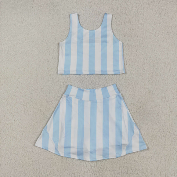 Bluish White Stripe Shorts Girls Swimsuits