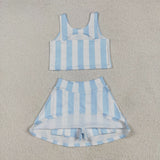 Bluish White Stripe Shorts Girls Swimsuits