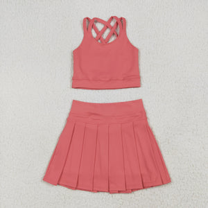 Solid Pink Vest Pleated Athletic Shorts Girls Skirt Sets