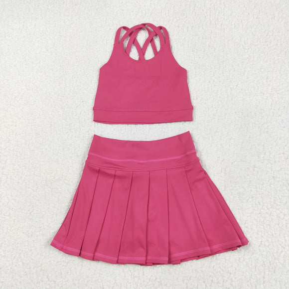 Solid Hot Pink Vest Pleated Athletic Shorts Girls Skirt Sets