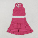 Solid Hot Pink Vest Pleated Athletic Shorts Girls Skirt Sets