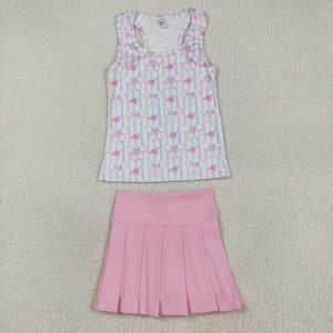 Bow Pattern Stripe Vest Pleated Athletic Shorts Girls Skirt Sets