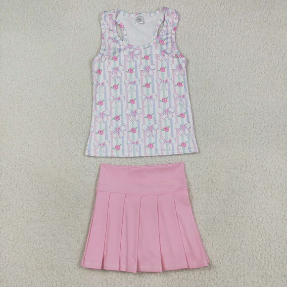 Bow Pattern Stripe Vest Pleated Athletic Shorts Girls Skirt Sets