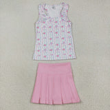 Bow Pattern Stripe Vest Pleated Athletic Shorts Girls Skirt Sets