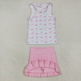 Bow Pattern Stripe Vest Pleated Athletic Shorts Girls Skirt Sets