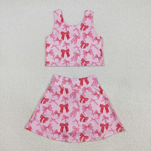 Bow Pattern Pink Athletic Shorts Girls Skirt Sets