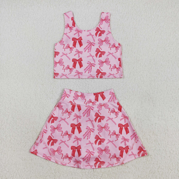 Bow Pattern Pink Athletic Shorts Girls Skirt Sets