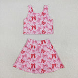 Bow Pattern Pink Athletic Shorts Girls Skirt Sets