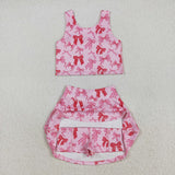 Bow Pattern Pink Athletic Shorts Girls Skirt Sets