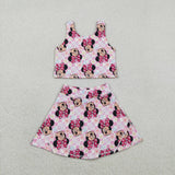 Cartoon Floral Pink Plaid Athletic Shorts Girls Skirt Sets