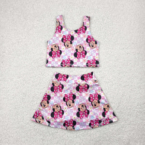 Cartoon Floral Pink Plaid Athletic Shorts Girls Skirt Sets