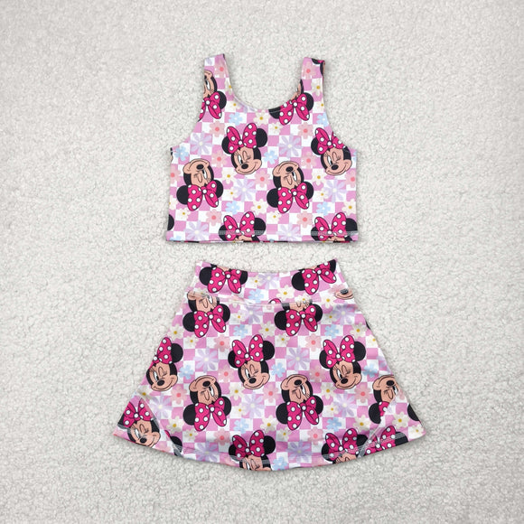 Cartoon Floral Pink Plaid Athletic Shorts Girls Skirt Sets