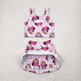 Cartoon Floral Pink Plaid Athletic Shorts Girls Skirt Sets