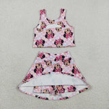 Cartoon Floral Pink Plaid Athletic Shorts Girls Skirt Sets