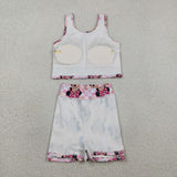 Cartoon Floral Pink Plaid Athletic Shorts Girls Skirt Sets